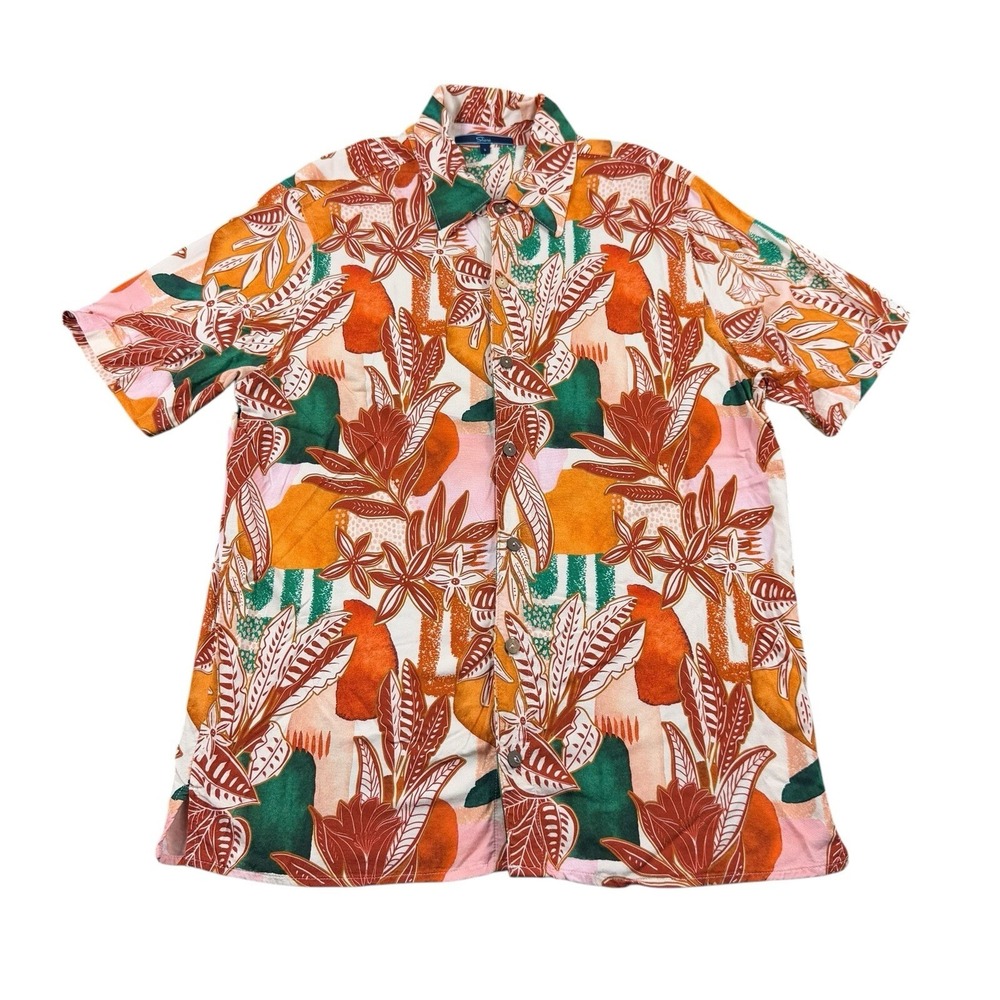 Shore Viscose Stretch Orange Green Hawaiian Mens S/S‎ Button Front Sz S USA